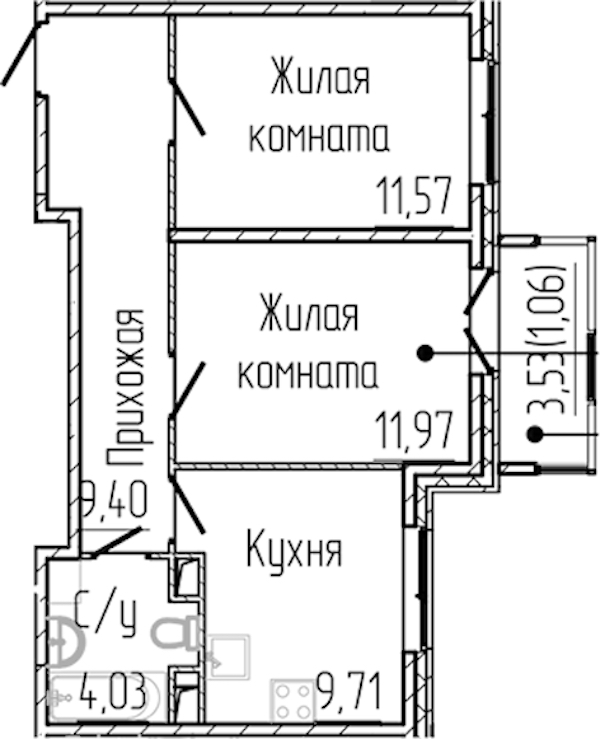 2-комнатная квартира 47.74 м², 4/3 эт., ЖК «SERTOLOVO PARK»